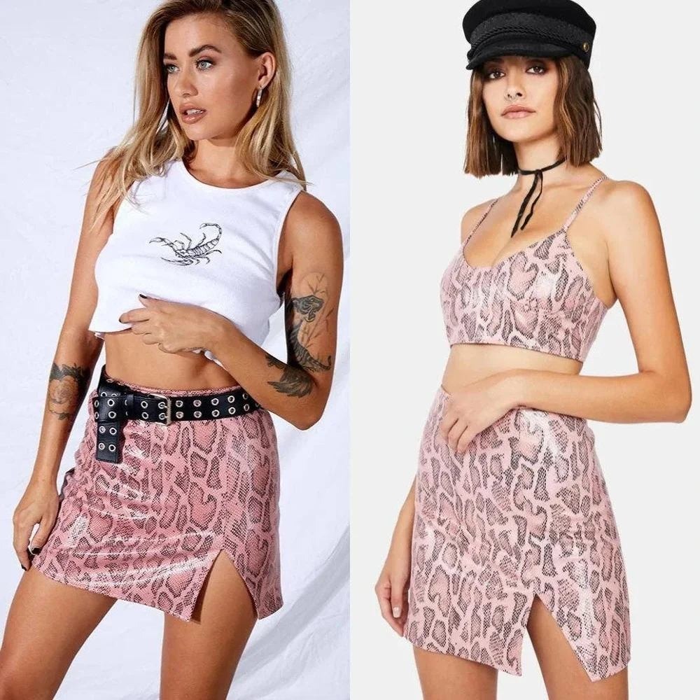 Motel Rocks Wren Pink Snakeskin Print Mini Skirt Side Slit Glossy Faux Leather S